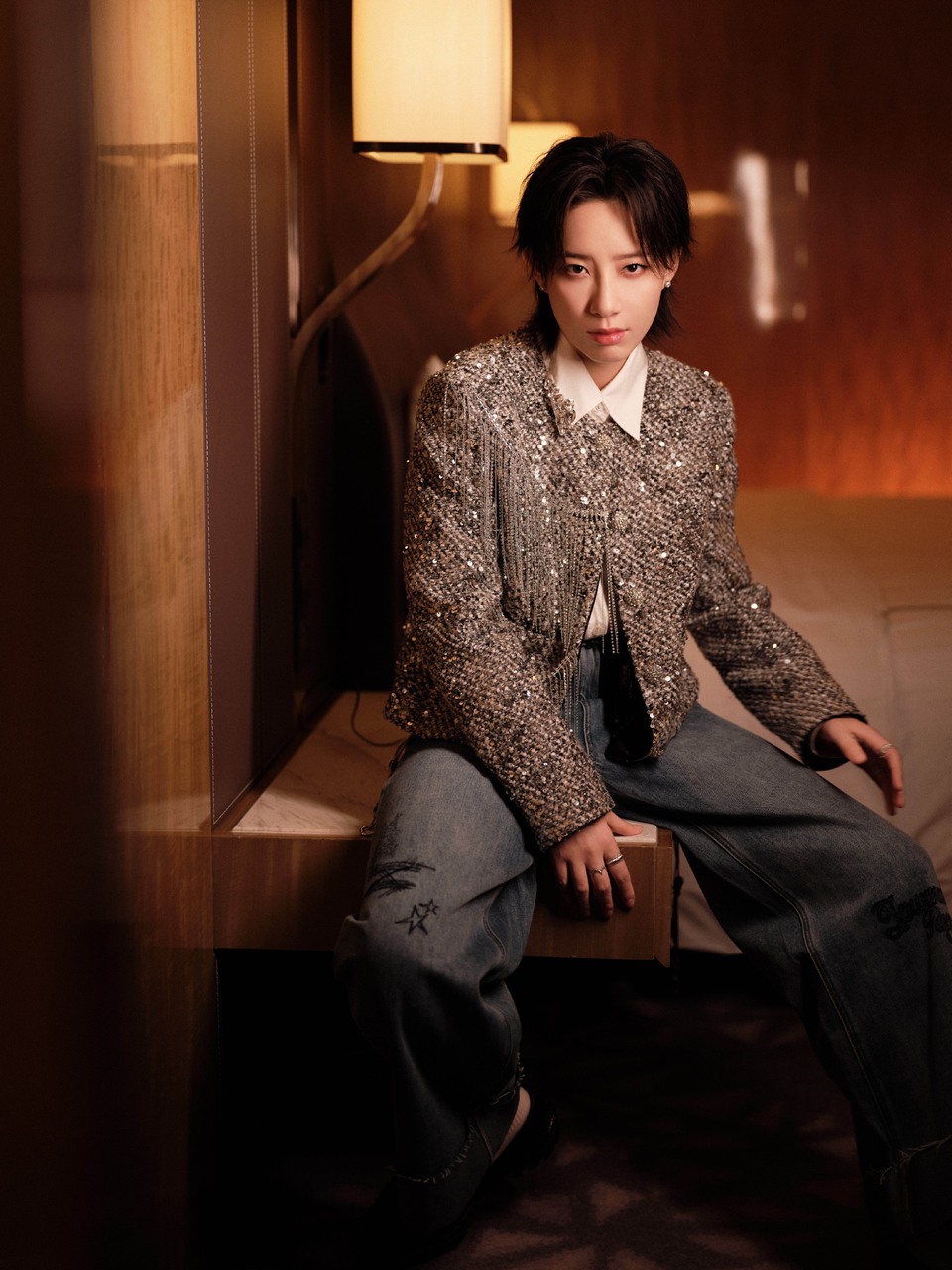 李斯丹妮亮片流苏夹克碰撞复古牛仔 自由不羁